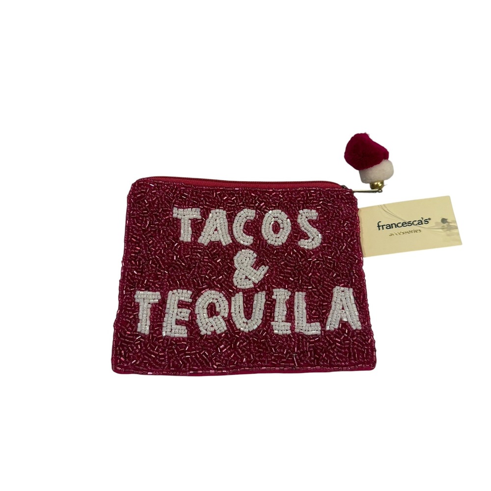 Francesca's Tacos & Tequila Beaded Coin Purse Pouch Fushia Pink Pom‎ Pom NWT